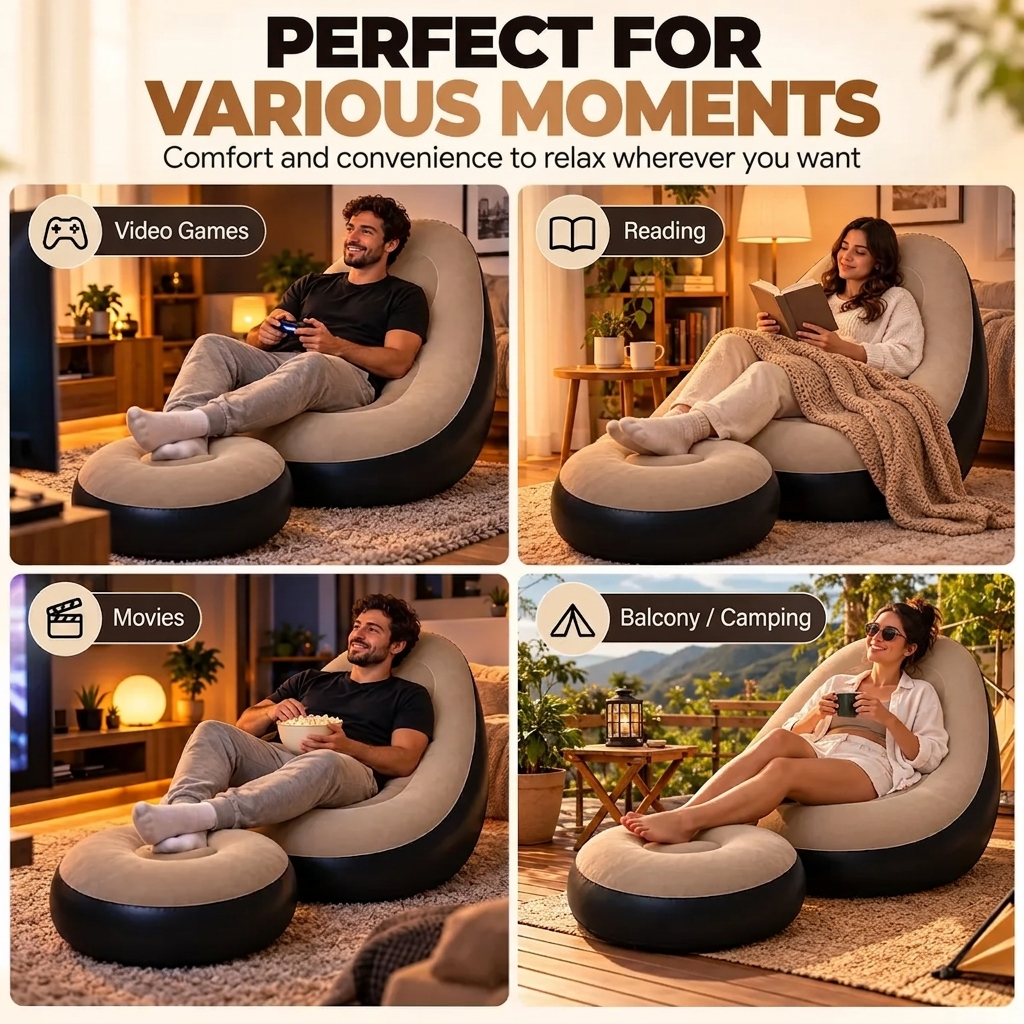 Inflatable lounge chair inflation and storage steps with a manual air pump