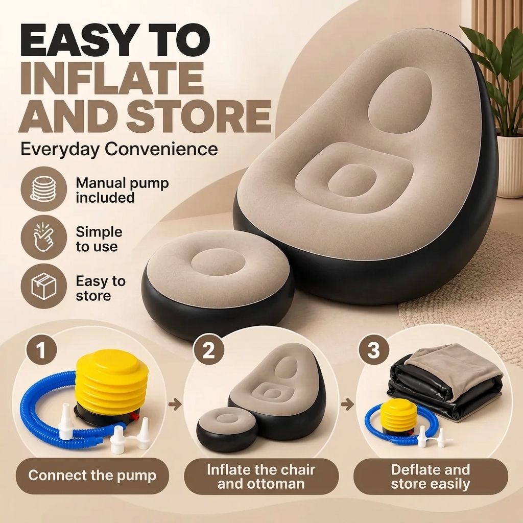 Inflatable lounge chair used for gaming, reading, movies and relaxing