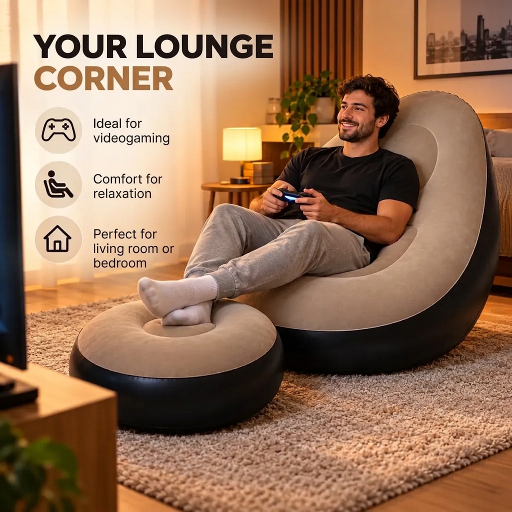 Inflatable lounge chair set with matching ottoman and manual air pump